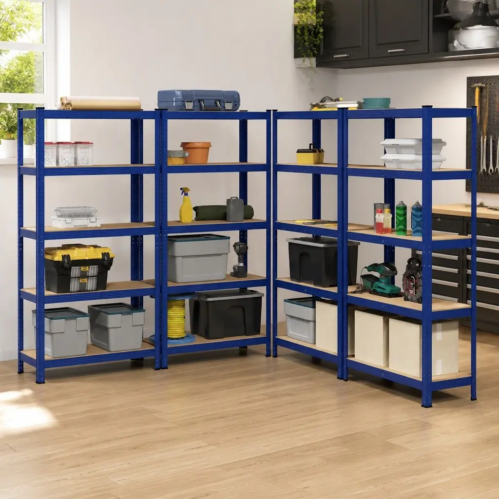 Industrial Storage Shelves Blue 5 Layer Steel Engineered Wood Heavy Duty Garage 4 Piece Set