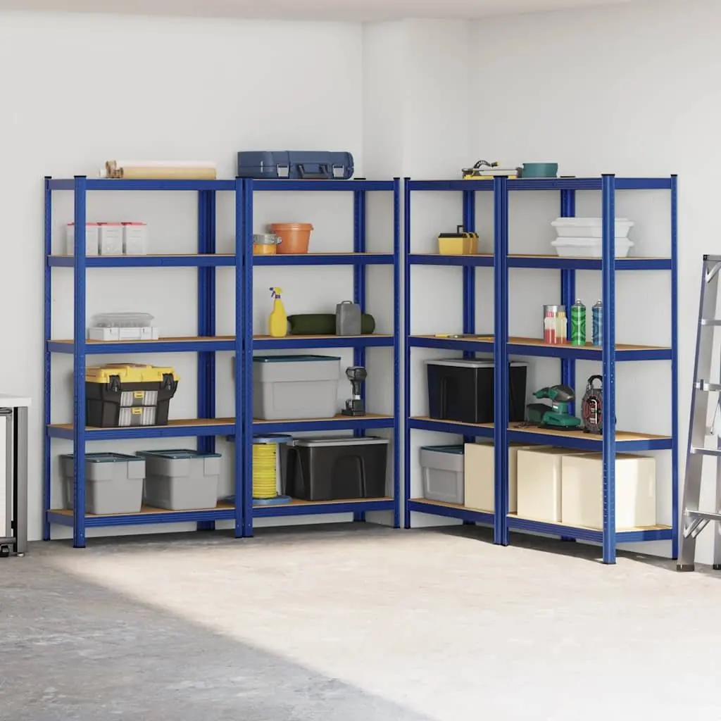 Industrial Storage Shelves Blue 5 Layer Steel Engineered Wood Heavy Duty Garage 4 Piece Set