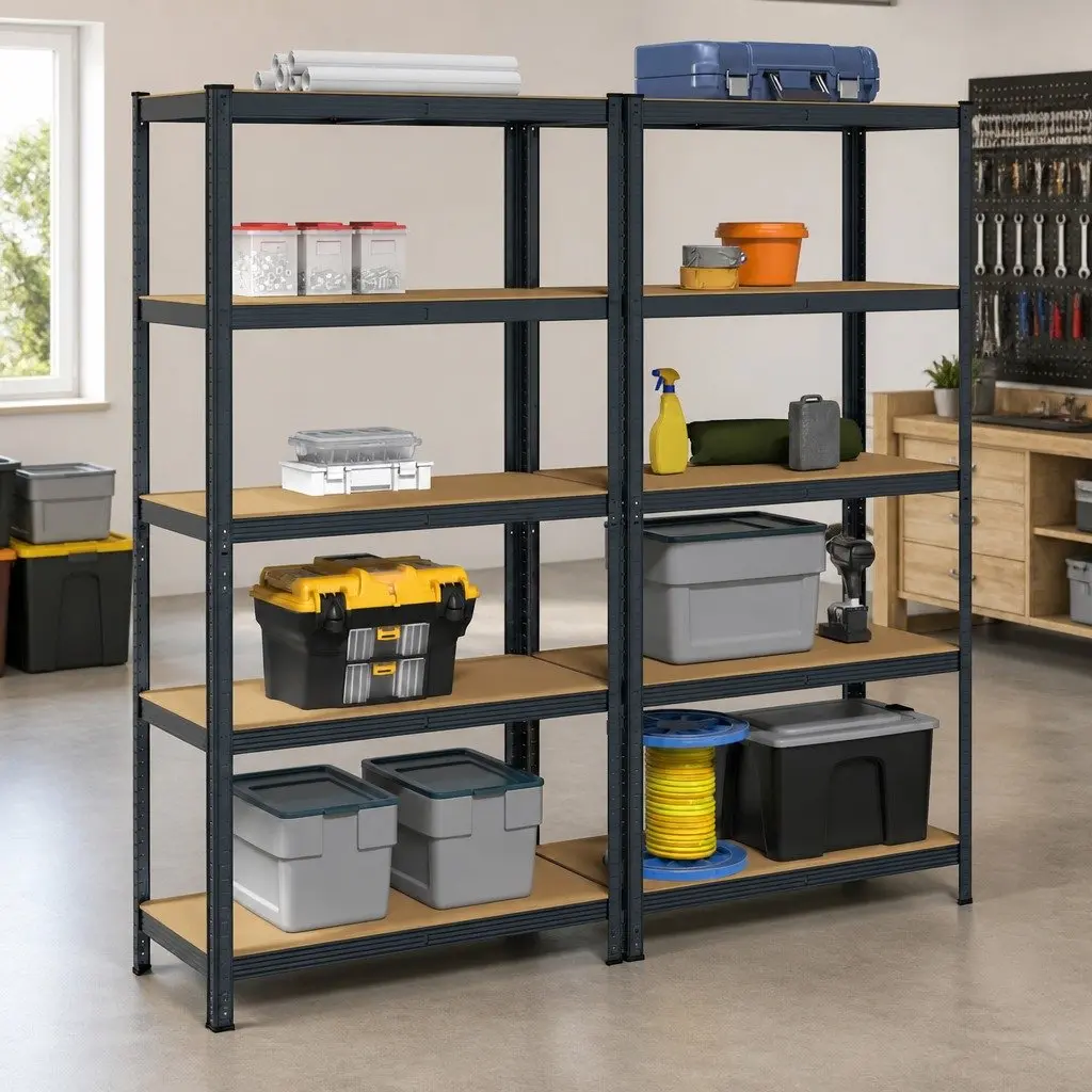 Industrial Storage Shelves Anthracite Steel 5 Layer Engineered Wood Heavy Duty Unit