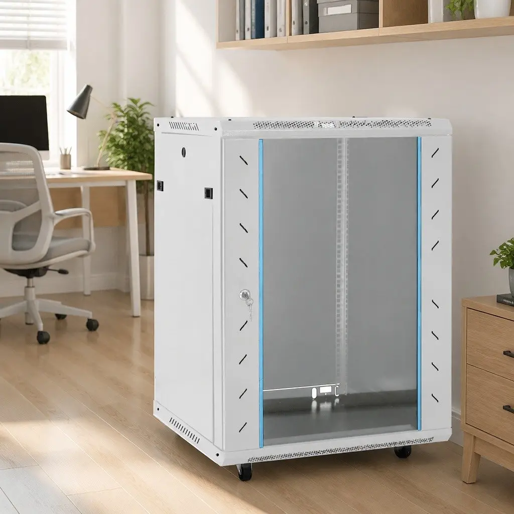 Network Cabinet Grey 15U 19 Inch Rack Mount Server Equipment Storage Cold Rolled Steel Construction Removable Side Panels Lockable Front Door