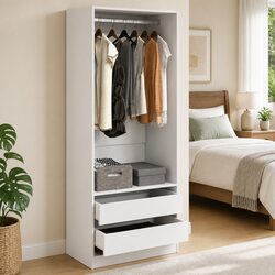 White Wardrobe Cupboard 80x50x200cm Storage Cabinet 1 Compartment 2 Drawers