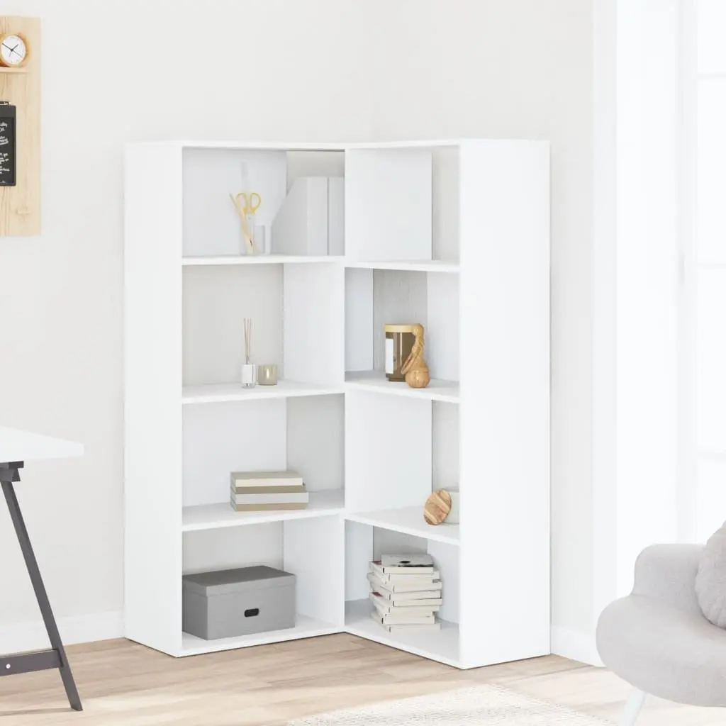 4 Tier White Corner Bookcase Engineered Wood 85x85x140cm Shelving Storage Unit for Living Room Bedroom Office
