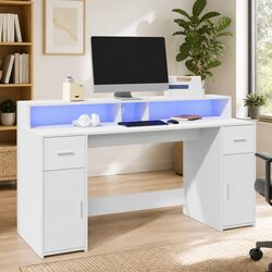 White Office Desk with RGB LED Lights Storage Drawers Engineered Wood