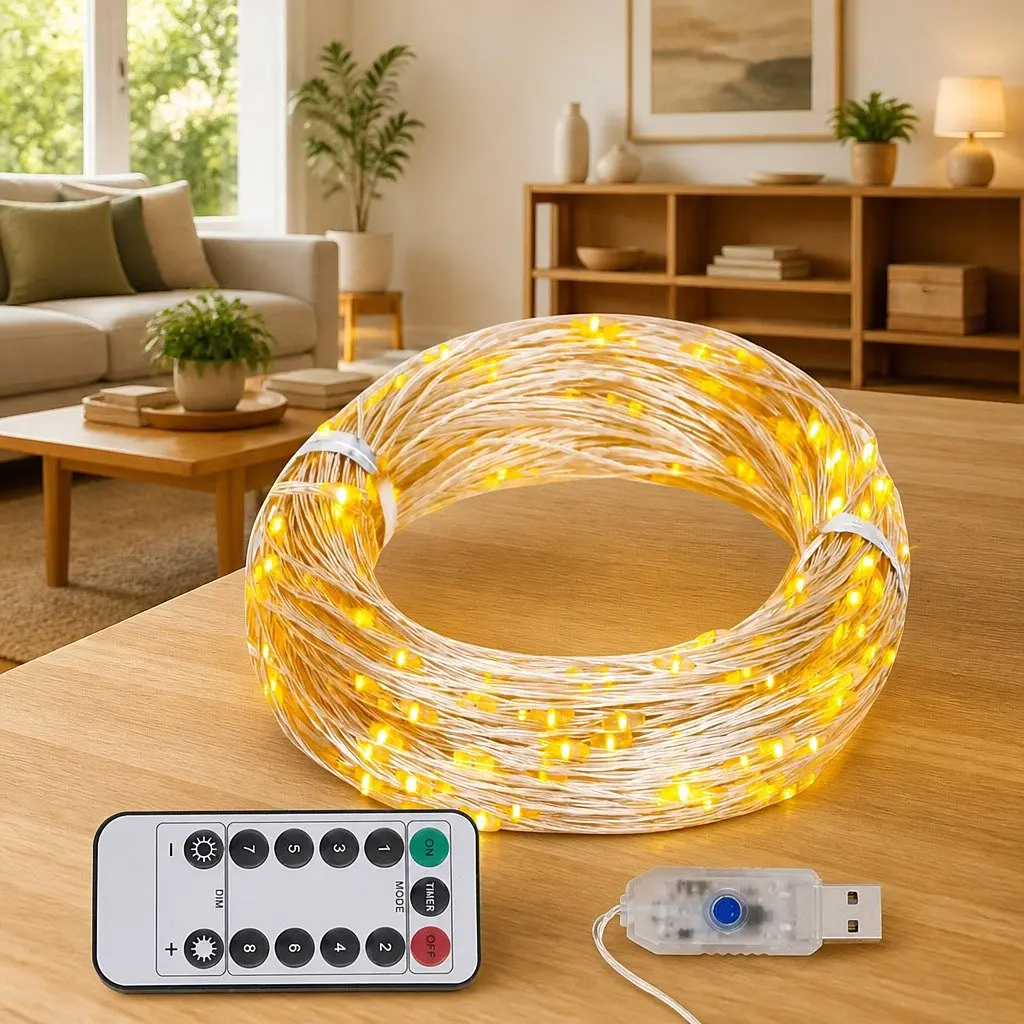 LED String Lights Warm White 15m Remote Control Copper Wire 150 LEDs