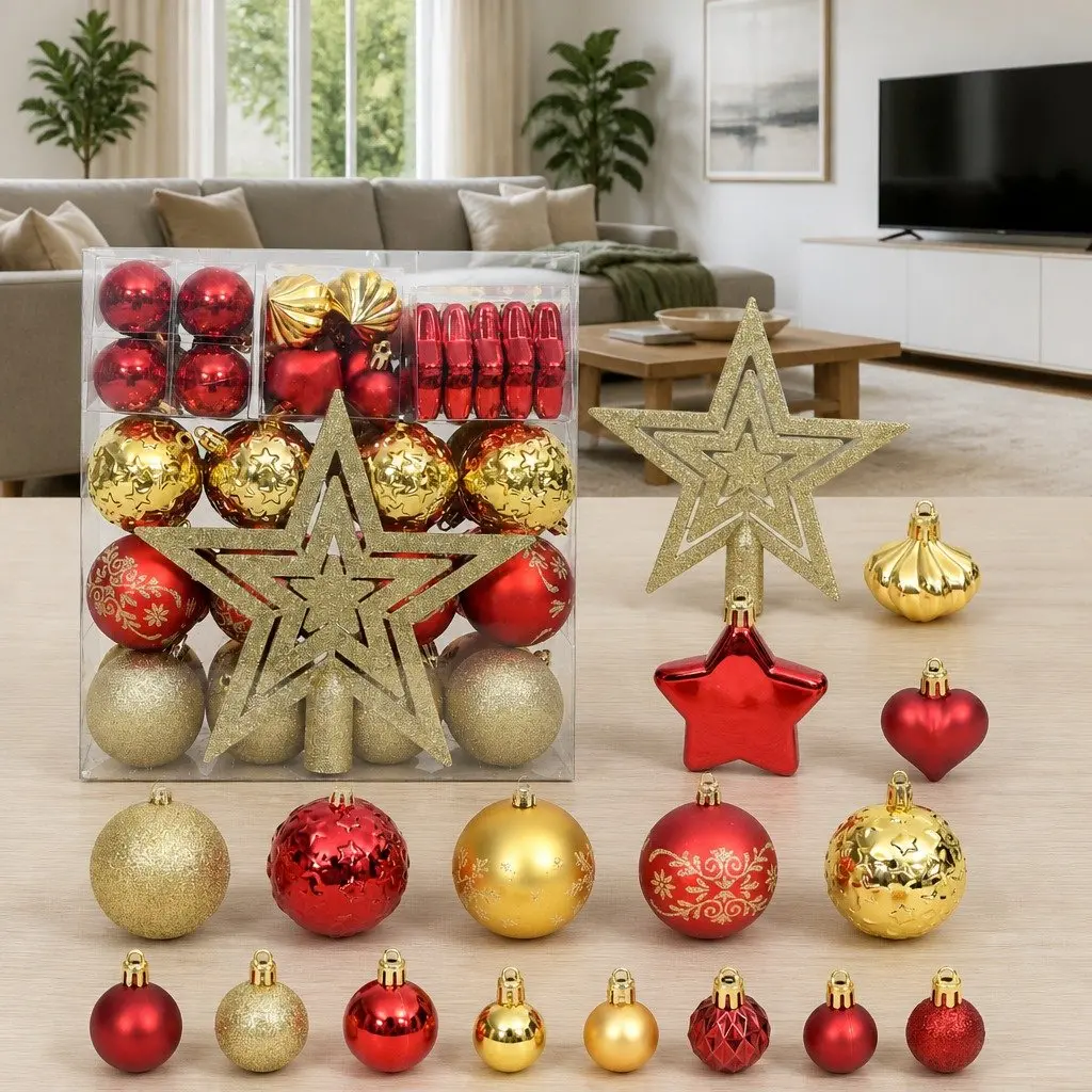 Christmas Bauble Ornament Set Gold Red 70 Piece Shatterproof Tree Decorations