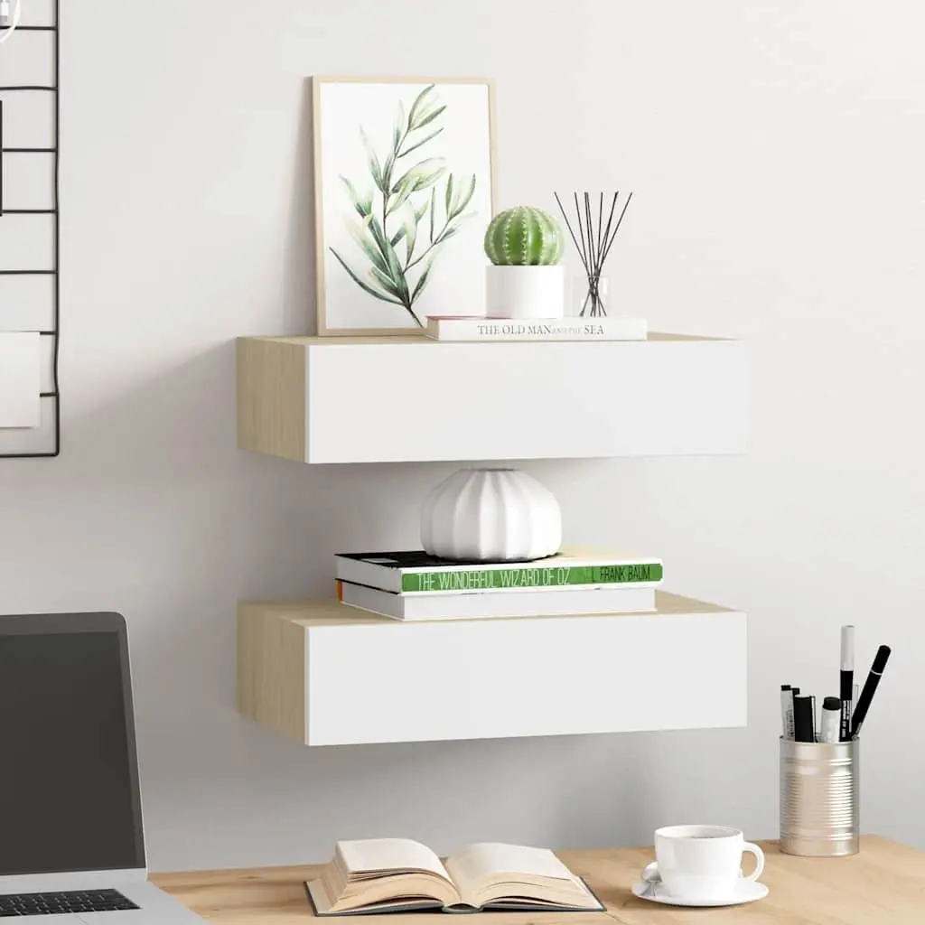 Wall Drawer Shelves Oak and White 40 x 23.5 x 10 cm Floating Storage Organiser