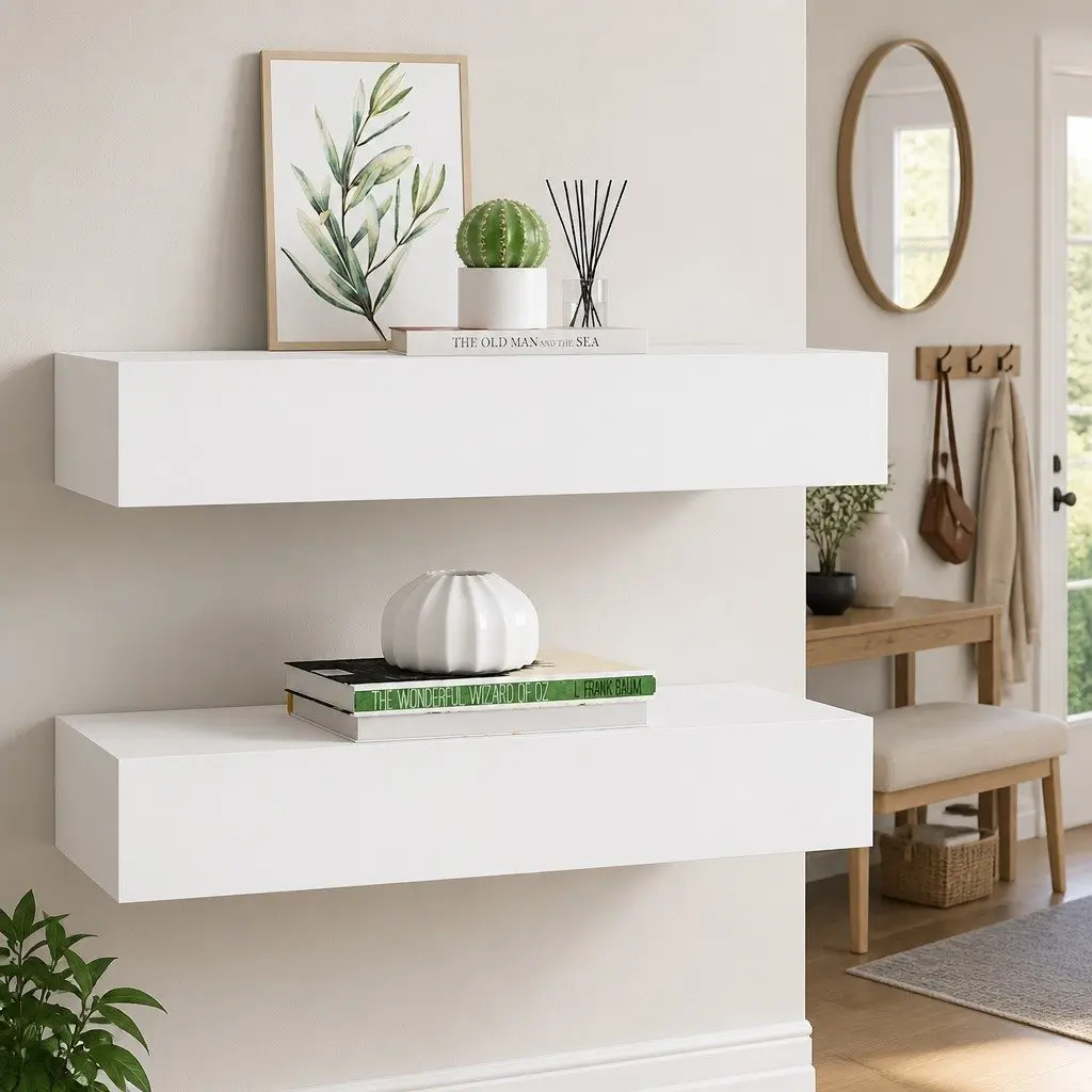 Wall-mounted Drawer Shelves White 60 x 23.5 x 10 cm Compact Floating Storage Organiser Set 2 Pieces