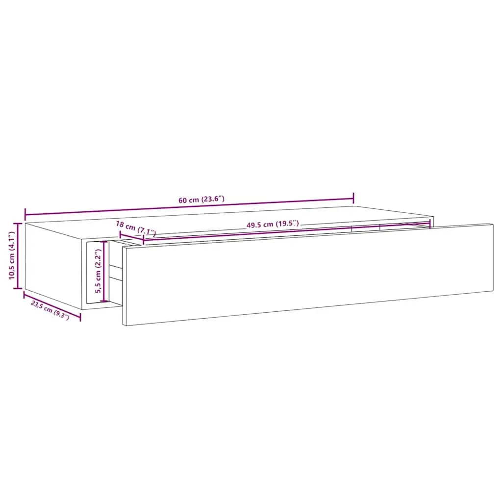 Wall-mounted Drawer Shelf Floating Storage Oak White 60x23.5x10cm MDF