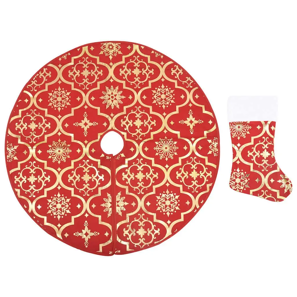 Christmas Tree Skirt Red 122cm Fabric with Matching Sock Luxury Holiday Decor