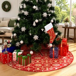 Christmas Tree Skirt with Matching Sock Red Seasonal Holiday Decor 150cm