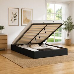Ottoman Storage Bed Frame Double Black Faux Leather Lift-Up Hydraulic Base