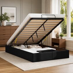 Ottoman Storage Bed Frame King Single Black Faux Leather Lift Mechanism Bedroom