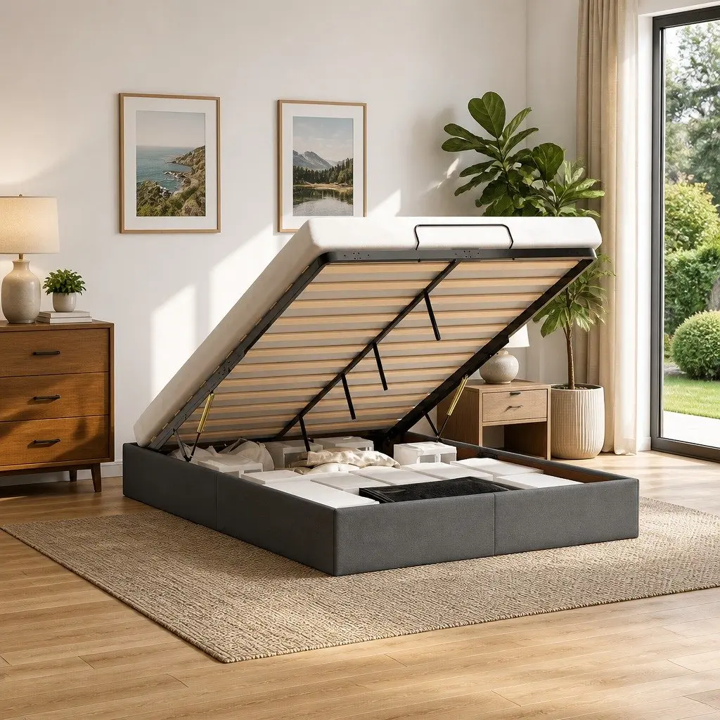 Ottoman Storage Bed Frame Grey Double Lift Mechanism