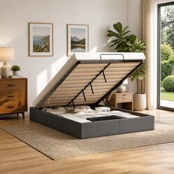 Concise Grey Fabric Ottoman Storage Bed Frame