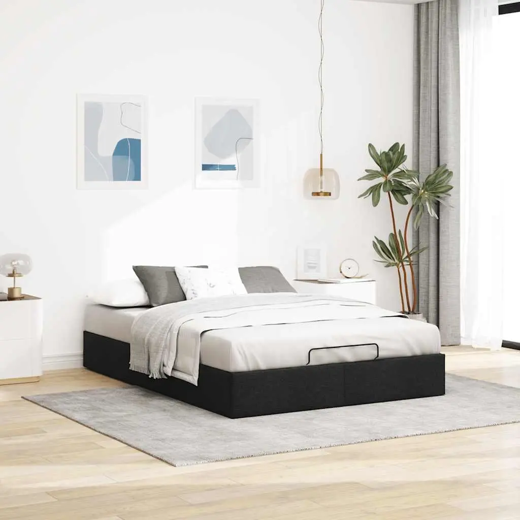 Ottoman Storage Bed Frame Black Double Fabric Lift-Up Mechanism