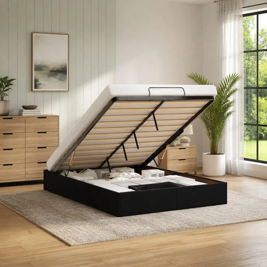 Ottoman Storage Bed Frame Black Velvet Double Gas Lift Up