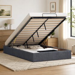 King Single Ottoman Storage Bed Frame Velvet Gas Lift Up Base Dark Grey No