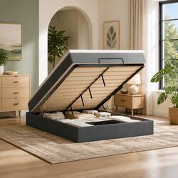 Compact Grey Queen Ottoman Bed with Storage Features