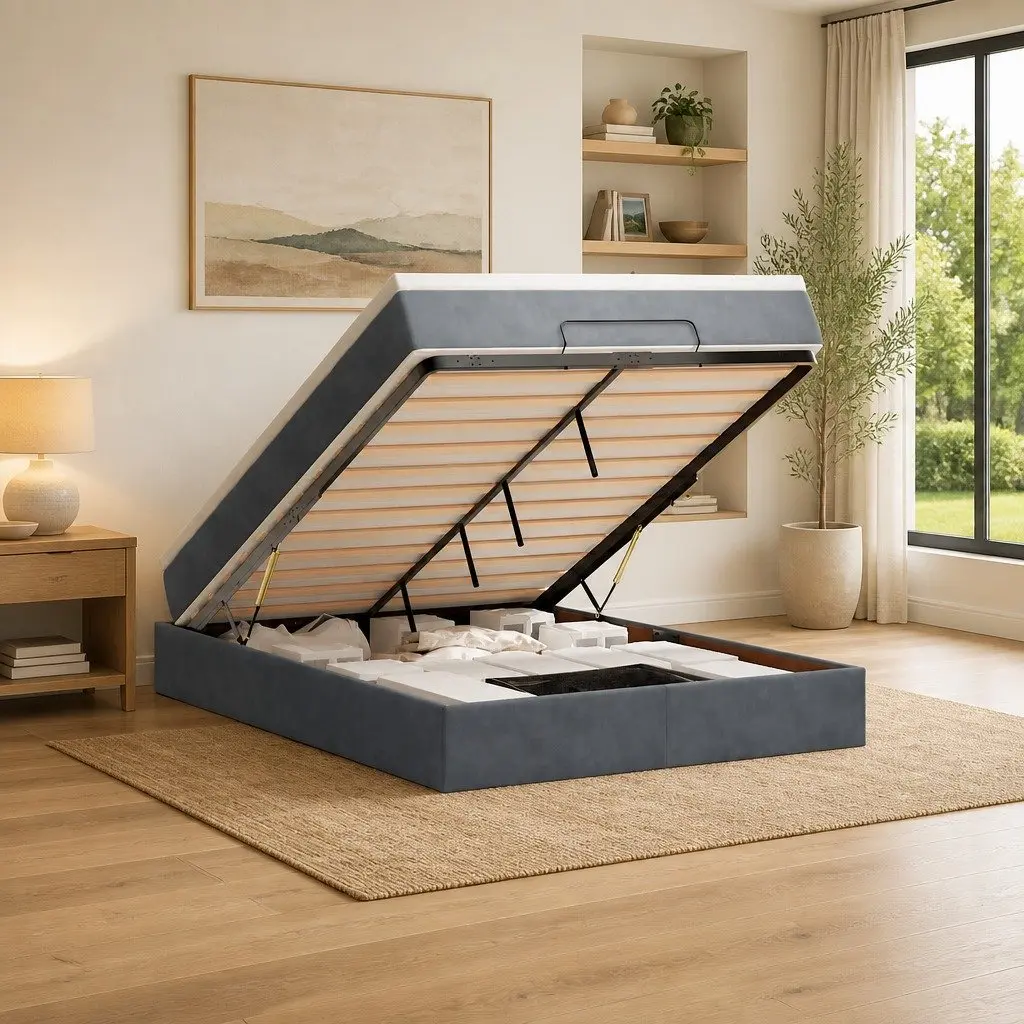 Ottoman Bed Grey Double Pocket Spring Mattress Velvet Storage Hydraulic Lift