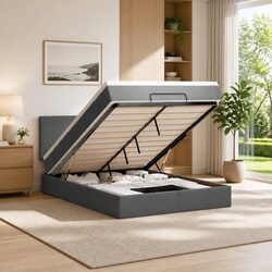 Double Ottoman Storage Bed with Pocket Spring Mattress Grey Fabric Upholstered