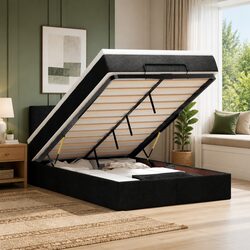 Ottoman Bed with Pocket Spring Mattress King Single Black Fabric Storage Lift