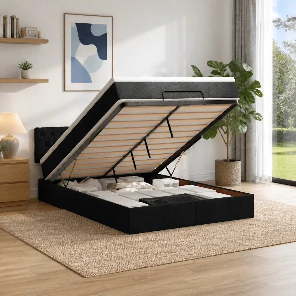Ottoman Bed Double Black Fabric Pocket Spring Mattress Hydraulic Lift Storage Frame