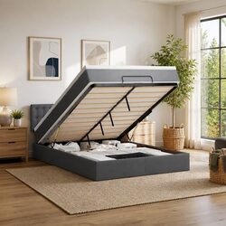 Double Ottoman Bed with Pocket Spring Mattress Grey Fabric Storage Furniture