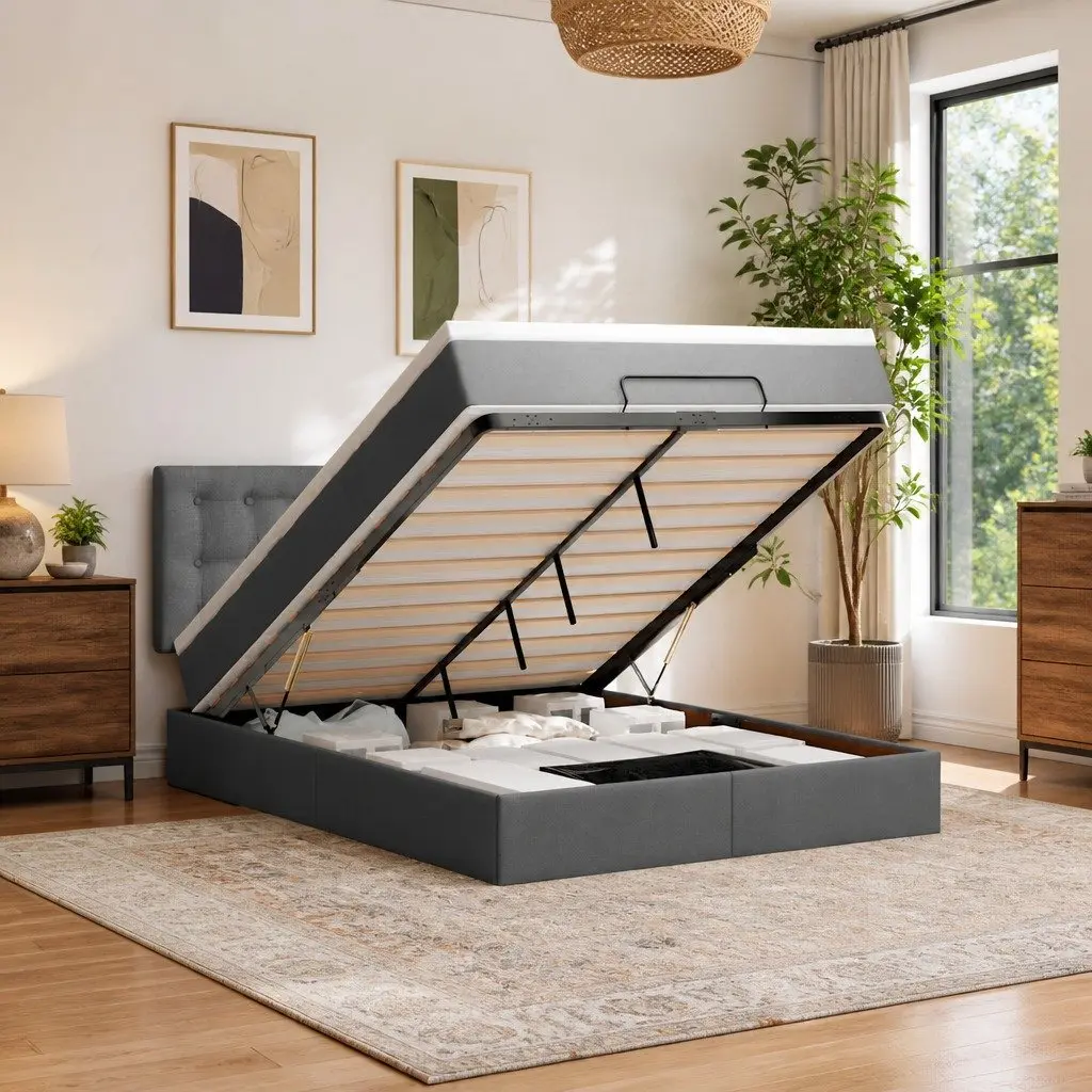 Ottoman Bed Grey Queen Pocket Spring Mattress Hydraulic Lift Storage