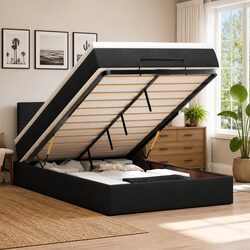 Concise Black Velvet Ottoman Bed with Storage and Mattress