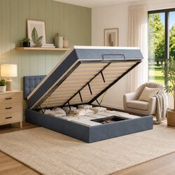 Double Ottoman Bed: Grey Velvet, Pocket Spring Mattress, Storage Lift