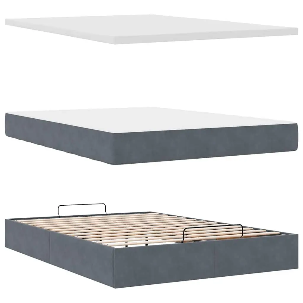 Double Ottoman Bed Grey Velvet with Pocket Spring Mattress and Hydraulic Lift Mechanism