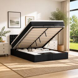 Queen Ottoman Bed with Pocket Spring Mattresses LED Lights Storage Black Faux