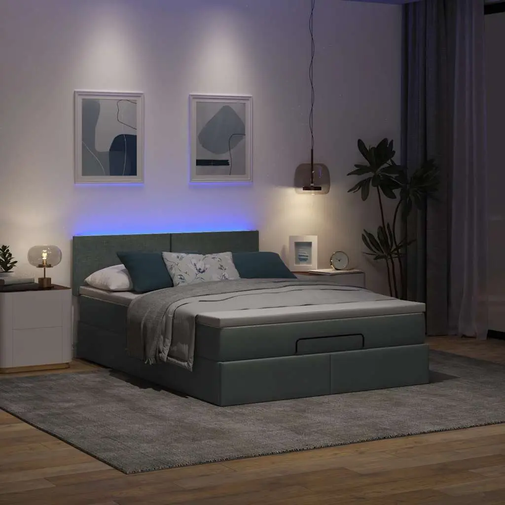 Ottoman Bed Grey Queen Pocket Spring Mattress LED Lights Storage