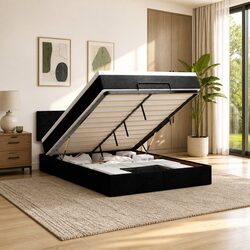 Ottoman Bed Queen Size Black Fabric with Pocket Spring Mattress Storage LED