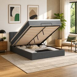 Ottoman Bed Double Grey Fabric with Pocket Spring Mattress LED Lights Storage