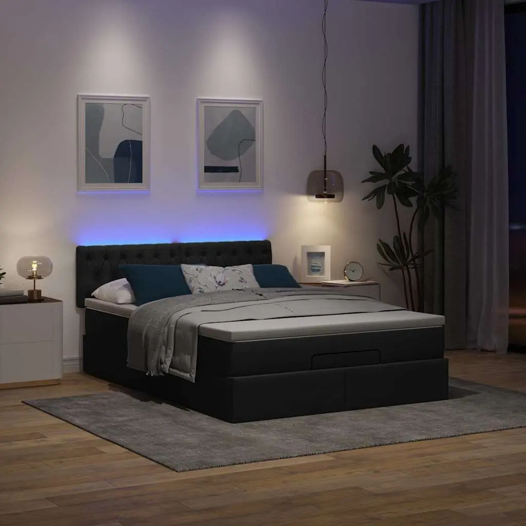 Double Ottoman Bed Black Fabric Pocket Spring Mattress with LED Lights and Hydraulic Lift Storage