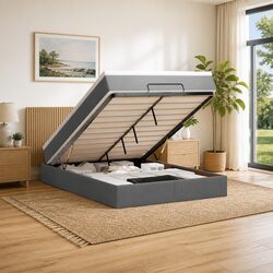 Ottoman Bed Queen Size with Pocket Spring Mattress LED Lights Storage Grey