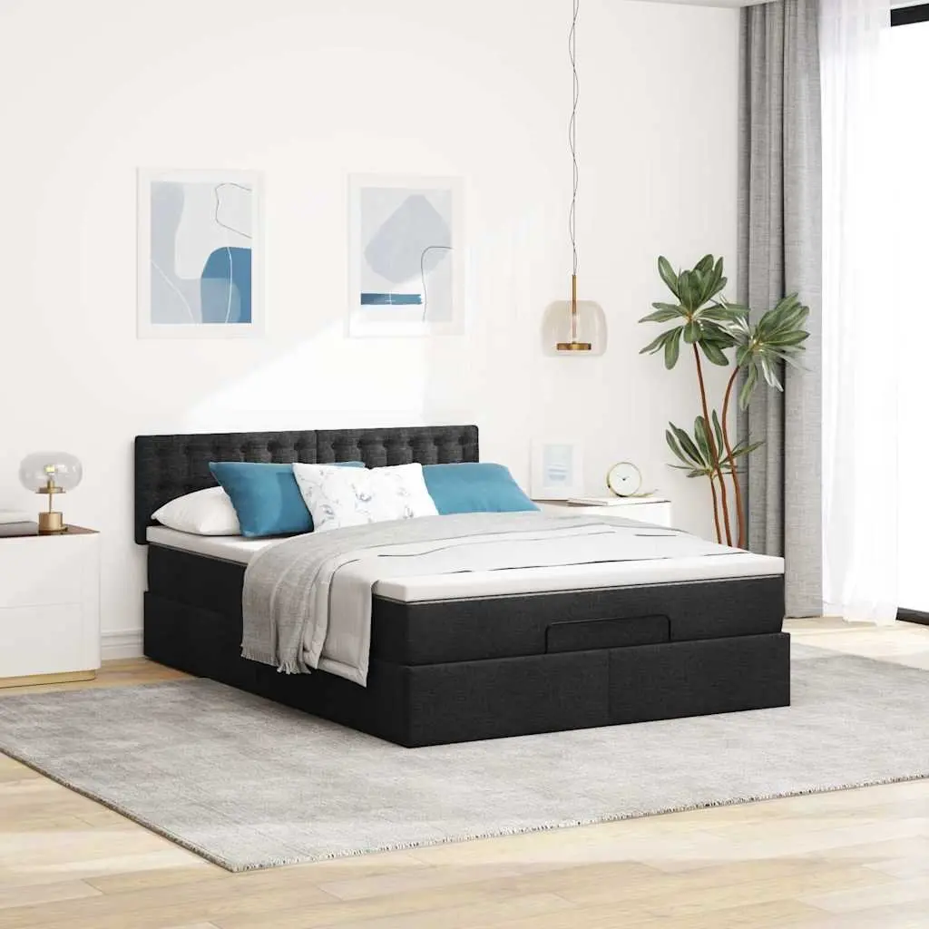 Ottoman Bed Black Fabric Double Pocket Spring Mattress LED Lights Storage