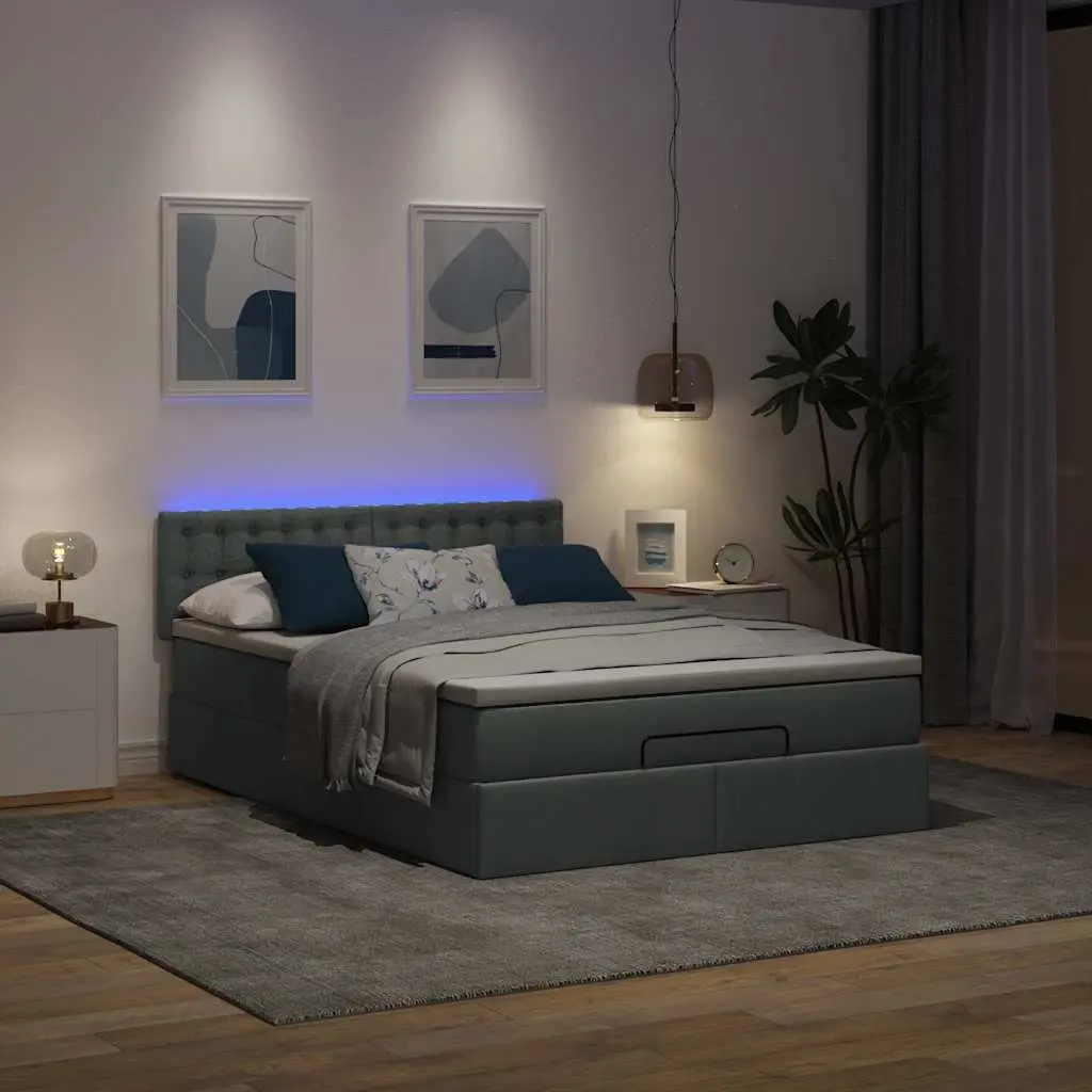 Ottoman Bed Grey Queen Size with Pocket Spring Mattress and LED Lights