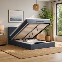 Ottoman Bed Double Grey Velvet with Pocket Spring Mattress Storage Lift LED