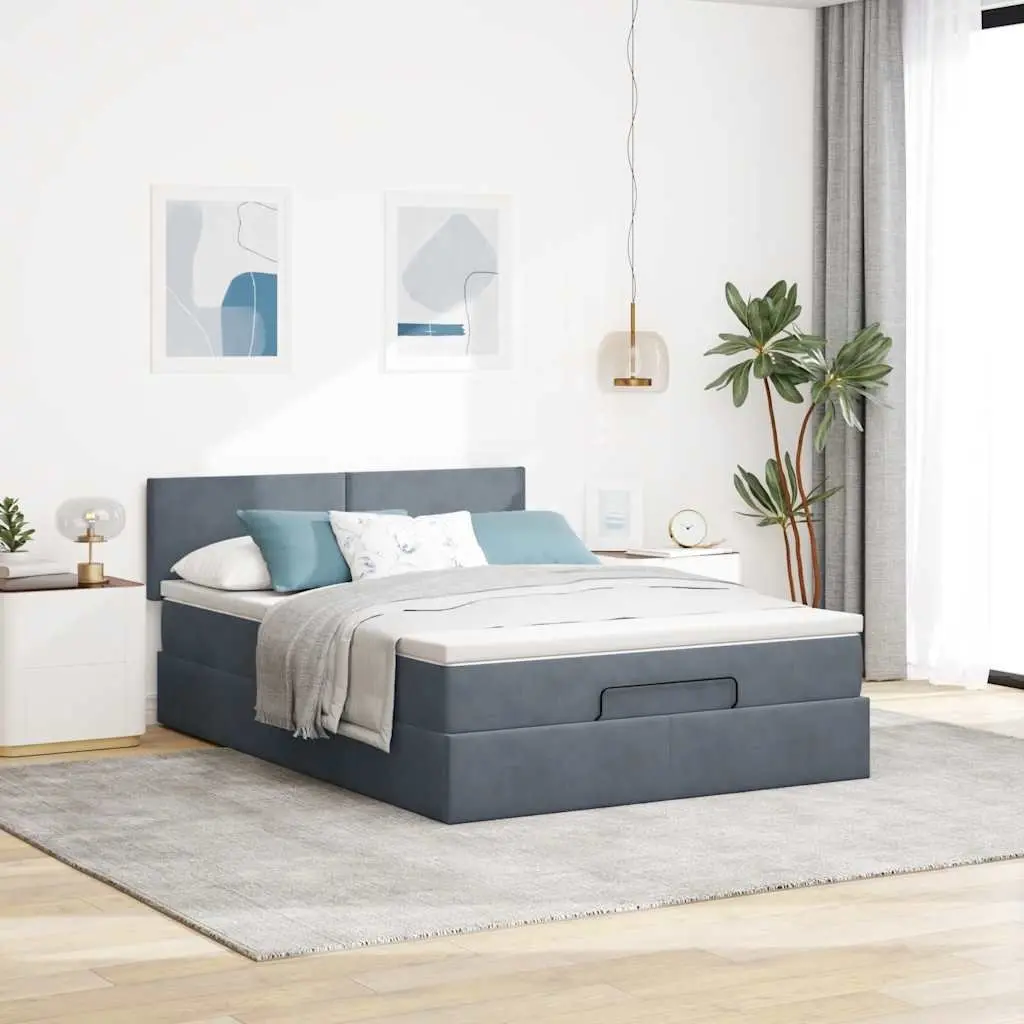 Storage Ottoman Bed Queen Grey Velvet Pocket Spring Mattress with LED Lights