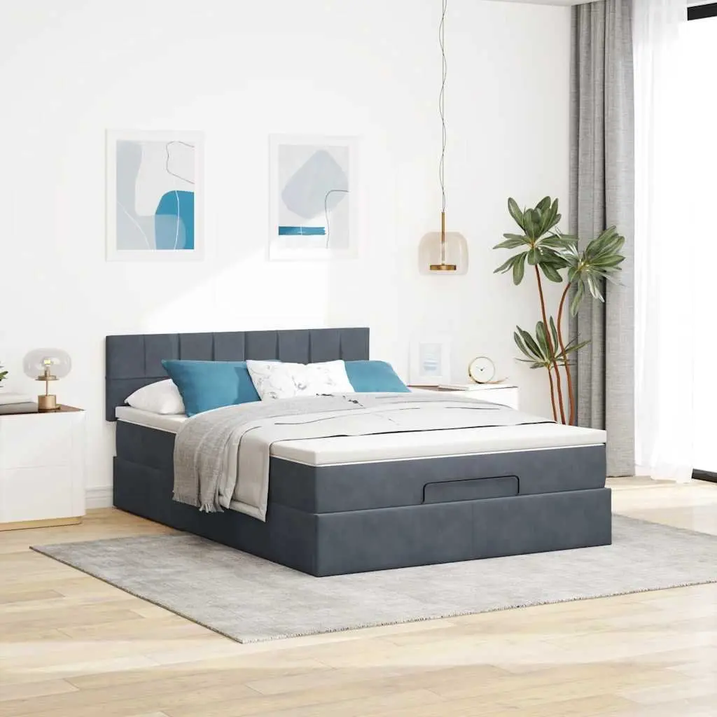 Ottoman Bed Grey Velvet Queen Pocket Spring Mattress LED Lights Storage