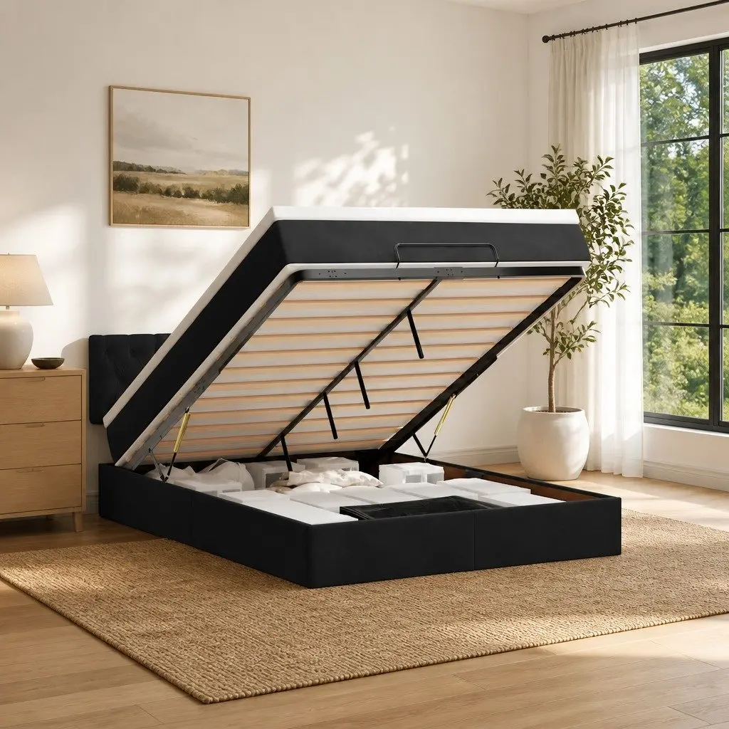 Ottoman Bed Black Velvet Double Pocket Spring Mattress with LED Lights and Storage