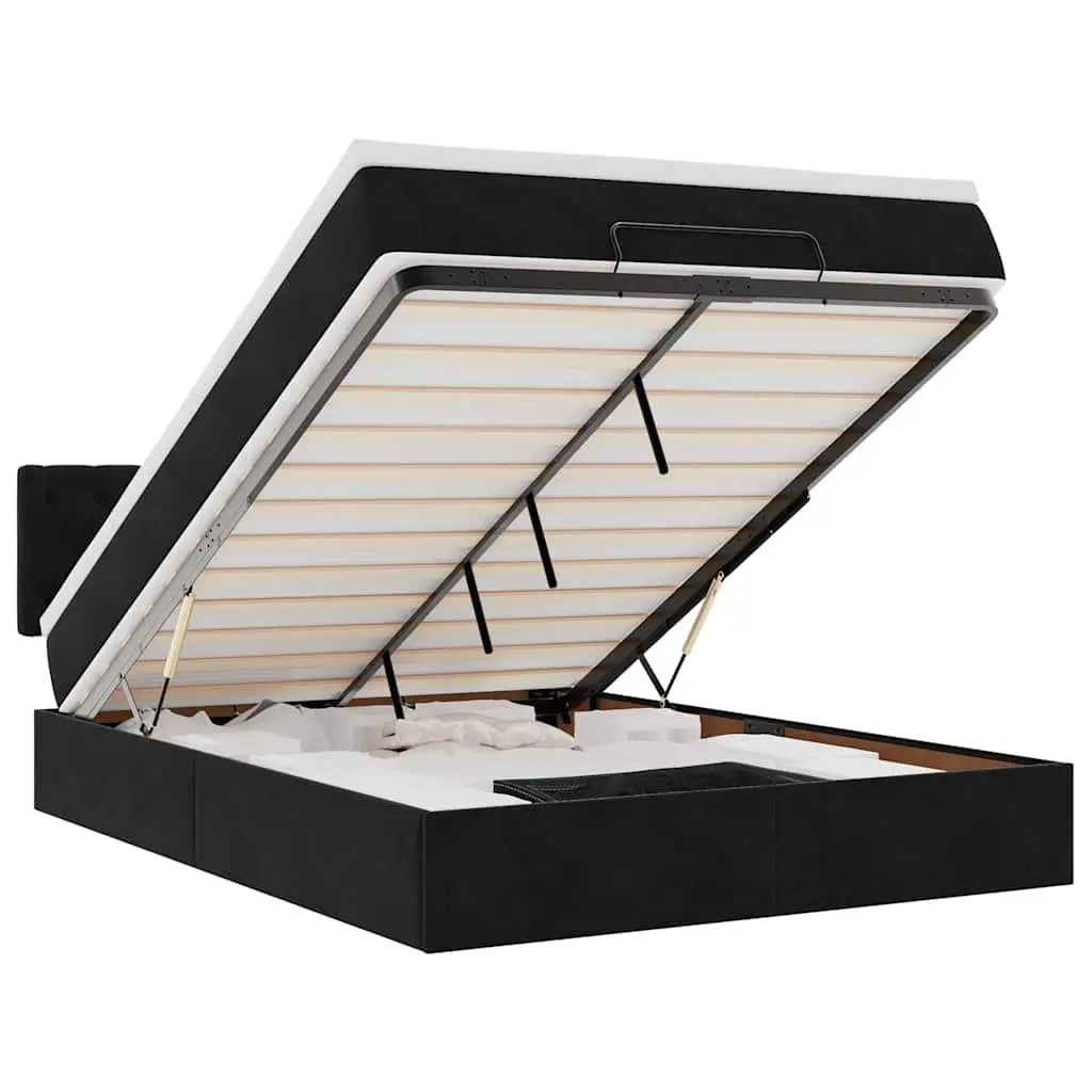 Ottoman Bed Black Velvet Double Pocket Spring Mattress with LED Lights and Storage