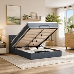 Grey Velvet Queen Ottoman Bed with Mattress and LED Lights