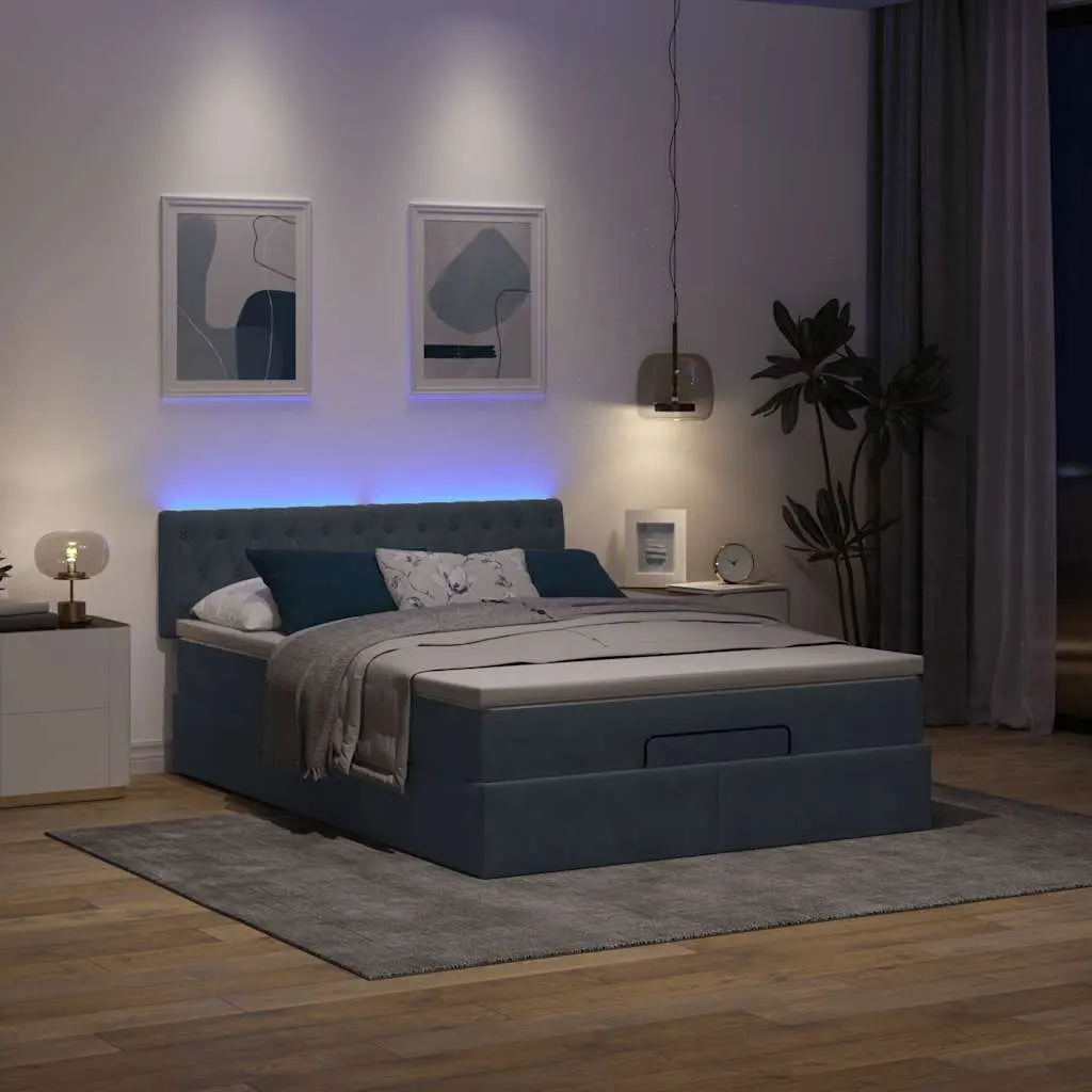 Ottoman Bed Grey Queen Pocket Spring Mattress LED Lights Storage Velvet