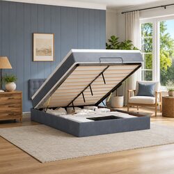 Ottoman Bed Double Grey Velvet with Pocket Spring Mattress Storage LED Lights