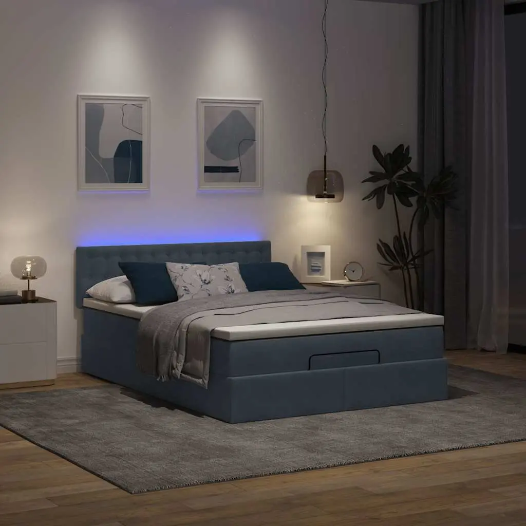Double Ottoman Bed Grey Velvet Hydraulic Lift Storage Pocket Spring Mattress with LED Lights