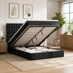 Queen Ottoman Bed Frame with Pocket Spring Mattress in Black