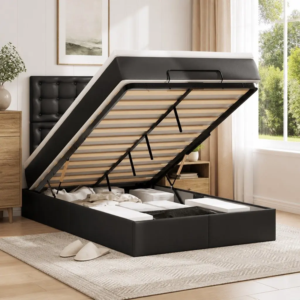 Ottoman Bed Frame Black King Single with Pocket Spring Mattress Hydraulic Lift Storage